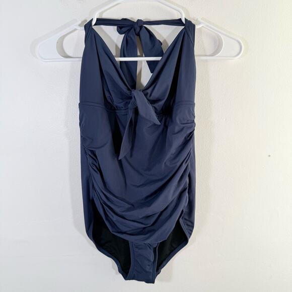 Seafolly Australia Seaview Navy Blue Halter Tie Front Ruched One Piece Swim 8 - Picture 2 of 11